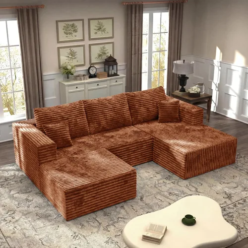 Vista 55 de Sofá modular en forma de L de 118 pulgadas, moderno sofá modular de pana de espuma viscoelástica de 4 plazas con otomana, asiento profundo tapizado
