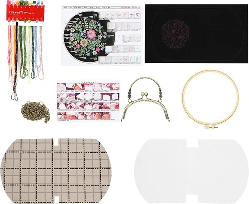Vista 3 de Patrón de flores bordadas de bricolaje, bolsa cruzada, kits de principiantes para adultos, cartera de bricolaje, monedero, bolso, 6.5 in