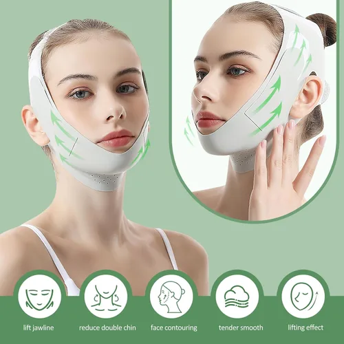 Vista 8 de Cinturón de elevación facial reutilizable, máscara de elevación de línea en V con correa para la barbilla para dormir, ejercitador de mandíbula