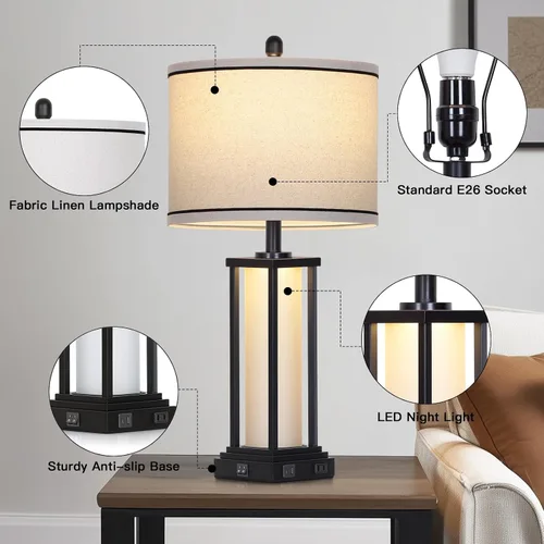 Vista 7 de 27in Tall Farmhouse Table Lamp with USB C+A & Outlet,Black Industrial End Table Lamp for Living Room,Vintage Rustic Bedside Lamp with Night Light