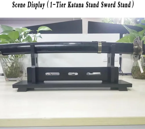 Vista 6 de Soporte Katana para espada, soporte de madera para sable de luz de escritorio, soporte de exhibición de espada Samurai para cosplay (negro, 1 nivel)