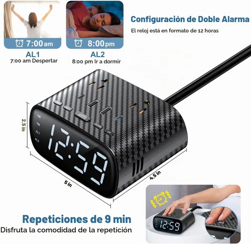 Vista 4 de Sussex Reloj despertador con 2 USB-C, 2 cargadores USB-A, 2 tomas de corriente, 2 tomacorrientes, pantalla LED, reloj digital regulable con función