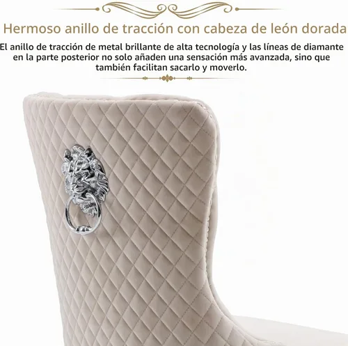 Vista 4 de KCC Juego de 2 sillas de comedor de terciopelo, sillas modernas copetudas Patas de acero inoxidable beige++ plata