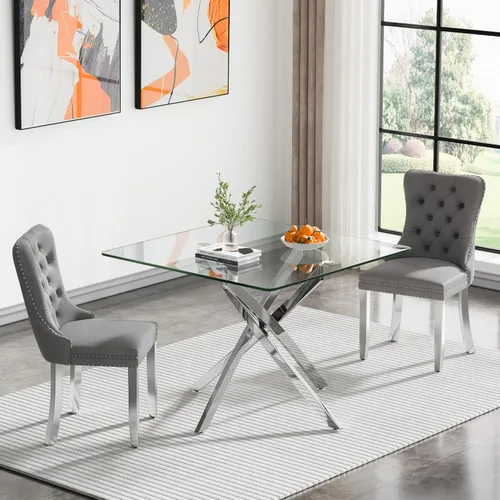 Vista 30 de Juego de mesa de comedor SSLine moderno de 3 piezas con mesa redonda de vidrio para 2, lujosa mesa de comedor circular de 36" con tapa de vidrio