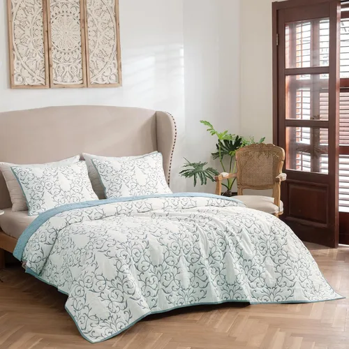 Vista 132 de Mixinni - Juego de colcha reversible de 2 piezas, tamaño individual, color beige, con patrón bordado elegante, juego de edredón y funda de almohada