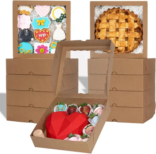 Vista 10 de TEMLQPACK 25 cajas de panadería marrones de 9 x 9 x 2.5 pulgadas con ventana para galletas, macarrón, fresas cubiertas de chocolate, mini pastel