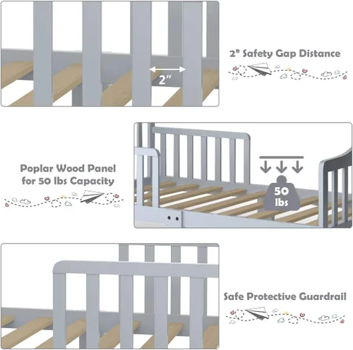 Vista 7 de Costzon Cama infantil, marco de cama clásico de madera para niños con doble barandilla de seguridad, diseño bajo al suelo, soporte de listones