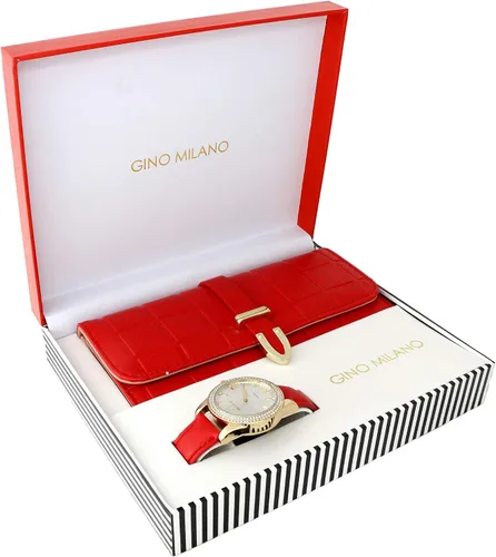 Vista 6 de Reloj de pulsera de cuero dorado para mujer y cartera de tres pliegues a juego 2-PACK ROJO - NEGRO
