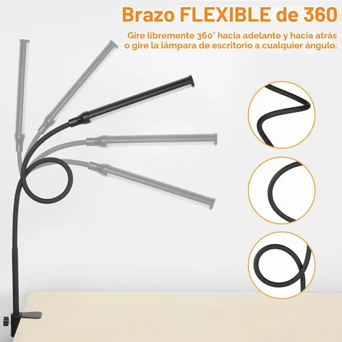 Vista 8 de Lámpara de escritorio LED ShineTech con abrazadera, 3000K Blanco Cálido, 11 niveles de brillo, luces de pinza para el cuidado de los ojos para hogar