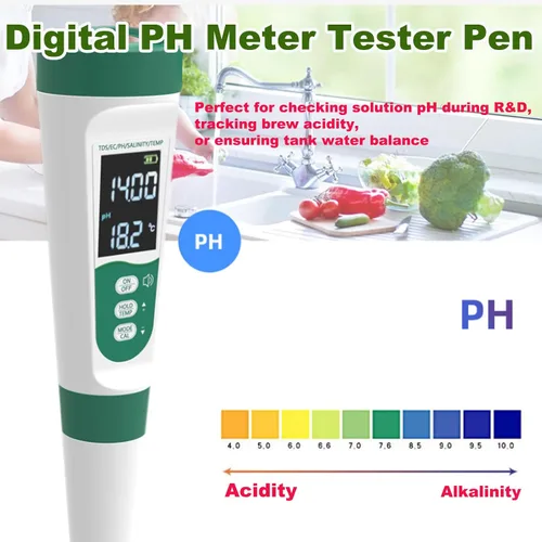 Vista 2 de Medidor digital de pH, probador de agua rápido 5 en 1 para pH/EC/TDS/salinidad/temperatura 0.01pH de alta precisión Probador de pH impermeable