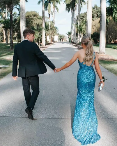 Vista 5 de Rjer One Shoulder Prom Dresses 2023 Sequin Formal Dresses Long Evening Gowns Slit Wedding Party Dresses