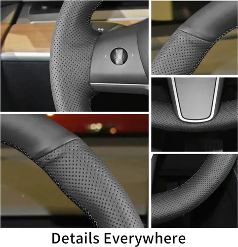 Vista 3 de Funda para volante cosida a mano, apta para Tesla Model 3 2017-2023/Modelo Y 2020-2023, funda antideslizante de cuero de microfibra transpirable