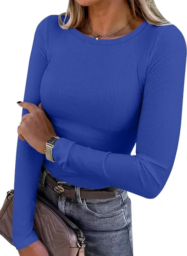 Vista 31 de ANRABESS - Camisetas de manga larga para mujer, de punto acanalado, ajustadas, básicas, 2025, informales, para usar a capas o debajo del uniforme