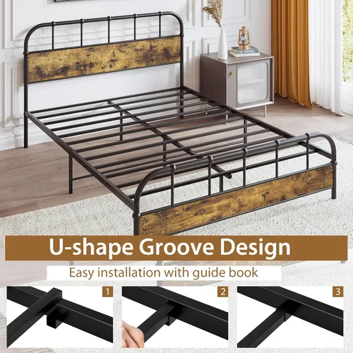 Vista 6 de Giantex Base de cama de metal tamaño Queen con cabecera de madera, base de cama de plataforma industrial con listones de metal resistente, base