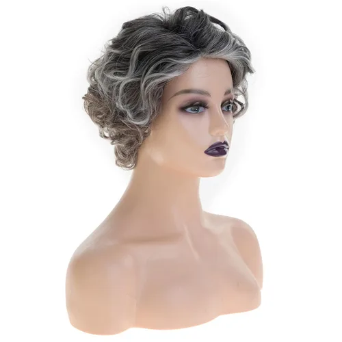 Vista 5 de Pelucas cortas rizadas y esponjosas para mujer, peluca sintética resistente al calor para Halloween, cosplay, peluca de pelo Gris mezclado