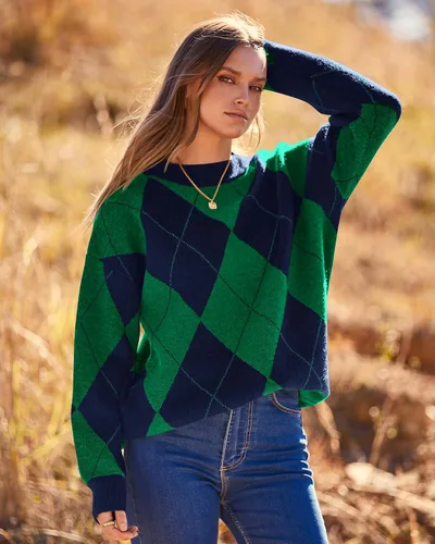 Vista 5 de BTFBM Suéter de punto de manga larga con rombos para mujer, cuello redondo, casual, manga larga, suéter de punto para otoño e invierno