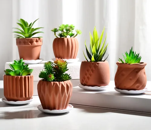 Vista 4 de B SEPOR Macetas de cerámica hechas a mano, mini maceta de arcilla para plantas pequeñas de interior, suculentas, cactus con bandeja de melamina