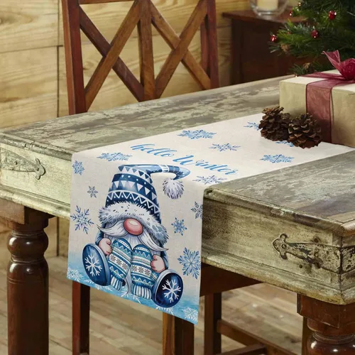 Vista 3 de Camino de mesa de gnomos de Navidad de 36 pulgadas de largo, algodón y lino, bufandas de arpillera, cocina, cena, cafetería, decoración de mesa