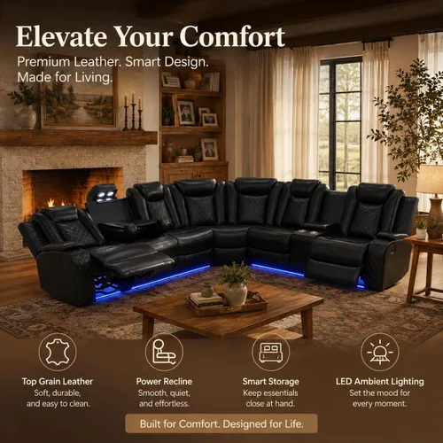 Vista 4 de Sofá modular reclinable eléctrico para sala de estar, moderno juego de sofá modular de cuero en forma de L, juego de sofá reclinable, con luces LED