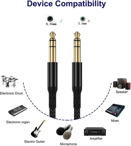 Vista 3 de Cable de instrumento TRS de 6.35 mm 3.3 pies 2 paquete, cable de audio estéreo de conector macho de 1/4 pulgada recta, línea de alimentación