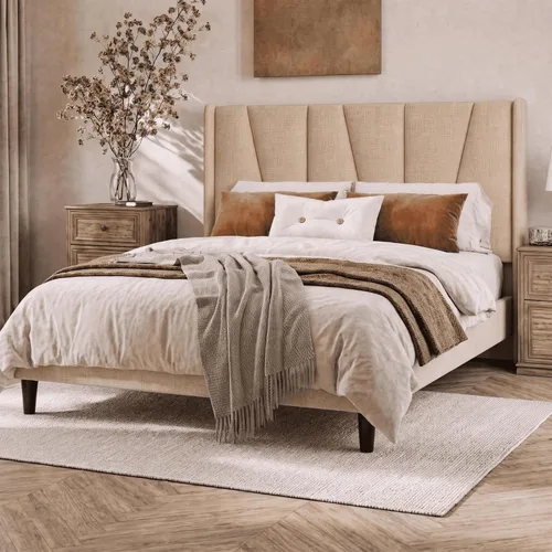 Vista 3 de SHA CERLIN Base de cama tapizada Queen con cabecero, color beige