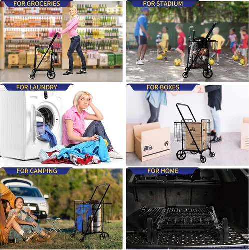 Vista 8 de BIEAMA Carrito de compras plegable, carrito de comestibles, capacidad de 450 libras, carrito utilitario con ruedas giratorias giratorias de 360°
