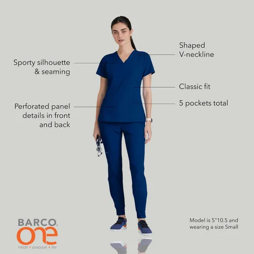 Vista 6 de BARCO ONE - Camiseta médica con cuello en V y 5 bolsillos, elástico de 4 vías, para mujer Índigo (Azul marino)