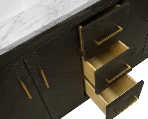 Vista 9 de Kitchen Bath Collection Peyton - Mueble de baño doble de 60 pulgadas (Carrara/roble oscuro): incluye gabinete de roble oscuro con impresionante