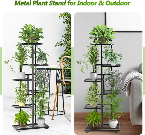 Vista 4 de Soporte de metal para plantas de 6 niveles y 7 macetas para interiores con herramientas de jardinería y guantes, organizador de estantes altos