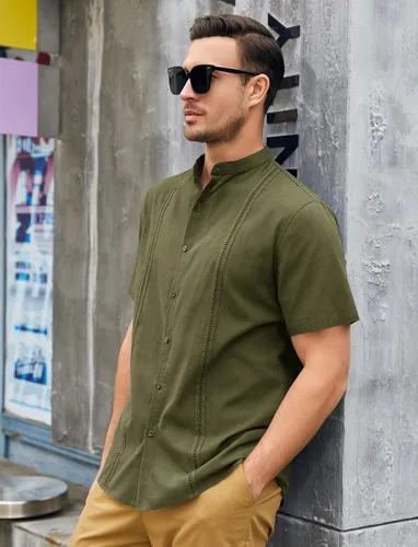 Vista 3 de Ryannology Camisas guayabera de lino de manga corta con botones para hombre, estilo casual, playa, campamento cubano, camisa mexicana para hombre