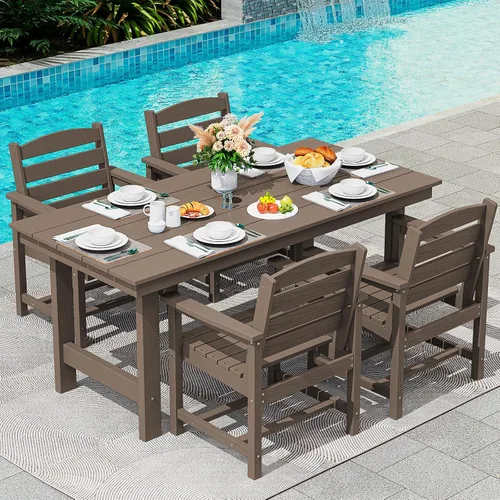 Vista 17 de SERWALL Juego de mesa de comedor de 7 piezas, muebles de comedor de polietileno de alta densidad para exteriores con agujero para paraguas y 6 Negro