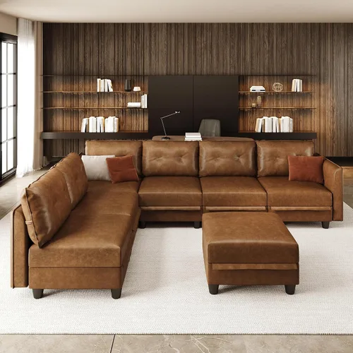 Vista 10 de LLappuil Sofá modular de cuero marrón Sofá seccional con almacenamiento