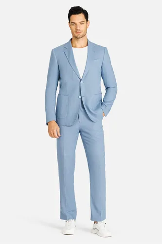 Vista 5 de Blazer de lino para hombre, chaqueta de traje ajustado con dos botones, chaqueta deportiva casual para negocios, boda, fiesta