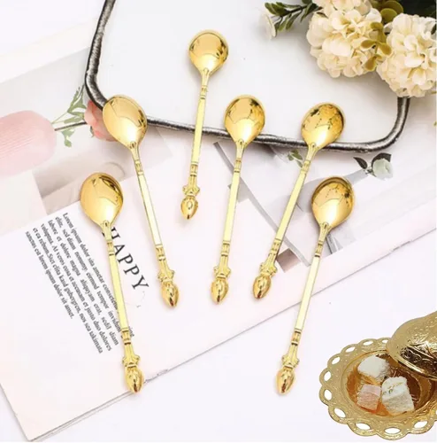 Vista 3 de Swan Spoon Eid - Juego de cubiertos de cuchara pequeña – Cubertería festiva de lujo, decoración moderna con soporte de 7 piezas (dorado)