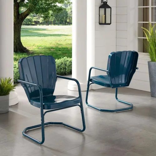 Vista 2 de Crosley Furniture Ridgeland - Juego de 2 sillas para exteriores, sillas de metal retro para comedor, porche, cubierta, azul marino