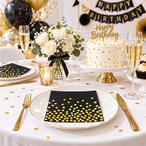 Vista 6 de 100 servilletas de cóctel desechables negras – Servilletas de papel negro y dorado para cumpleaños, boda, aniversario, Año Nuevo, fiesta