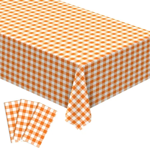 Vista 4 de Mantel de plástico a cuadros naranja y blanco, decoración de otoño y Acción de Gracias, a cuadros, desechable, decoración de comedor y cocina, 54 x