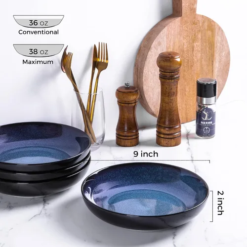 Vista 2 de LERATIO Tazones para pasta, cuencos de cerámica para pasta de 38 onzas, juego de 4 cuencos de pasta esmaltada reactiva de 9.0 pulgadas, aptos