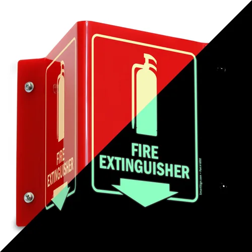 Vista 12 de SmartSign (paquete de 4) señal de proyección de extintor de incendios con flecha hacia abajo - 13 cm x 15 cm, señal V de pasillo de acrílico pulido