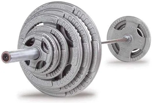 Vista 12 de Body-Solid Juego de discos olímpicos de hierro fundido con diseño de agarre cuádruple, pesas libres, placas de mancuernas, agujero estándar de 2