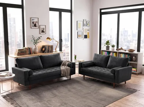 Vista 9 de Container Furniture - Sofá de piel sintética para la sala de estar moderna con cojines extraíbles y patas de madera maciza, sofá estilo lujoso