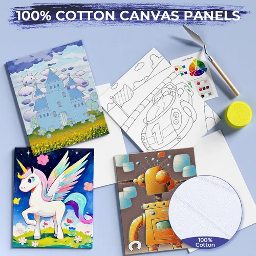 Vista 3 de Nicpro Juego de 34 piezas de pintura para niños con lienzo patrón, kit de suministros de pintura artística con 12 pinturas acrílicas, 10 pinceles, 6