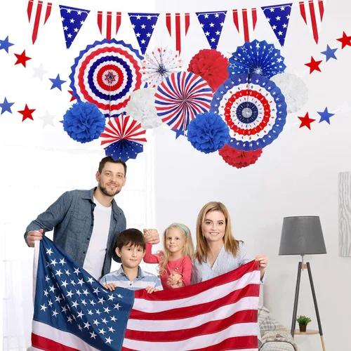 Vista 5 de MOVINPE Juego de decoraciones patrióticas para fiestas del 4 de julio, abanicos de papel para colgar con la bandera estadounidense, flores