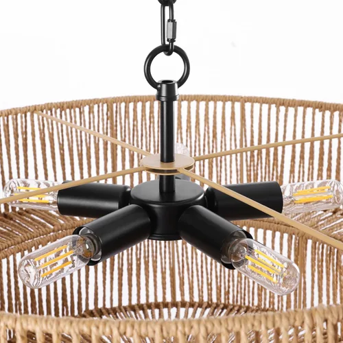 Vista 5 de LamQee Candelabros de Ratán Estilo Granja de 22 Pulgadas, Lámpara de Araña Boho de 5 Luces con Pantalla de Mimbre Tejida a Mano, Luces Colgantes