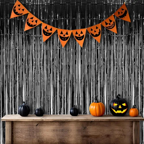 Vista 3 de Cortina de flecos de papel de aluminio para decoración de fiesta de Halloween, telón de fondo de fotos de oropel negro puro, cortinas de vapor