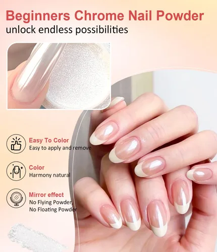 Vista 4 de Polvo de uñas cromado y perla - 【Efecto espejo metálico】 Polvo de uñas naranja cromado blanco transparente Aurora sirena iridiscente cromo polvo