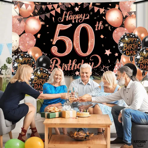 Vista 3 de KatchOn, Cartel de cumpleaños número 50 de oro rosa – Xtragrande de 72 x 44 pulgadas Decoraciones de cumpleaños 50 para mujer Cartel Hbd