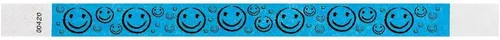 Vista 3 de 200 pulseras Tyvek de Wristco con cara sonriente azul neón para eventos, ¾ x 10 pulgadas, impermeables, reciclables, cómodas, resistentes a