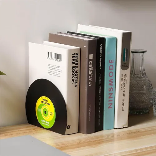 Vista 2 de Sujetalibros modernos para estantes, diseño de discos de vinilo retro, sujetalibros decorativos para amantes de la música, tapón decorativo