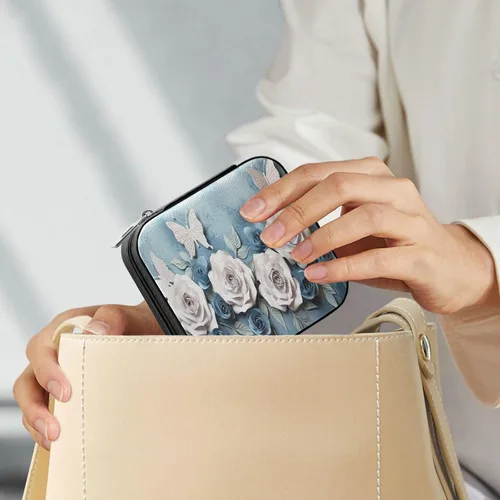Vista 7 de Flradish White Blue Roses Travel Jewelry Case PU Leather Mini Jewelry Travel Case Portable Travel Jewellery Ring Organizer for Womens Rings Earrings